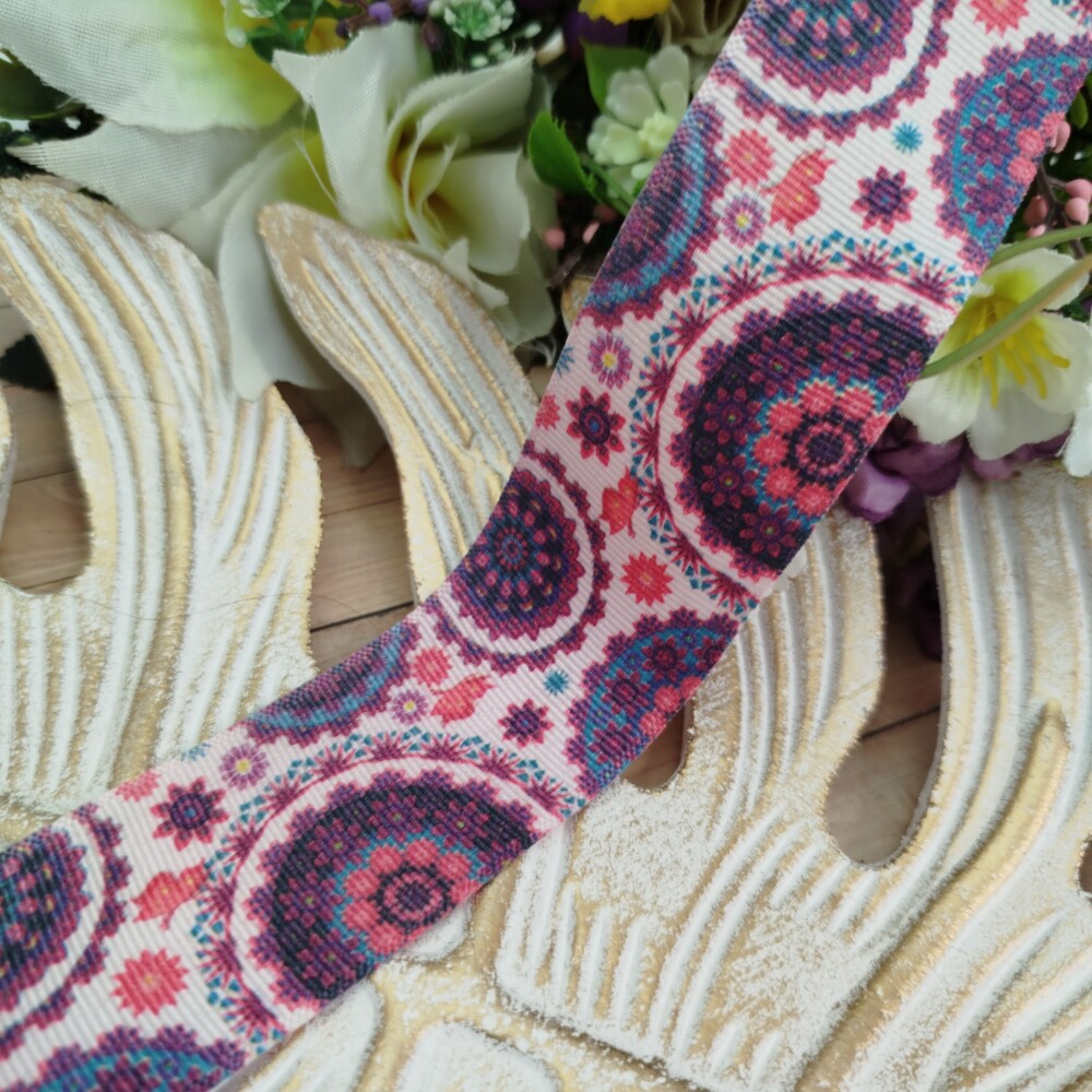 Fita Gorgurão 38mm nO 09 Estampa Mandala Boho Tons Rosa e Roxo
