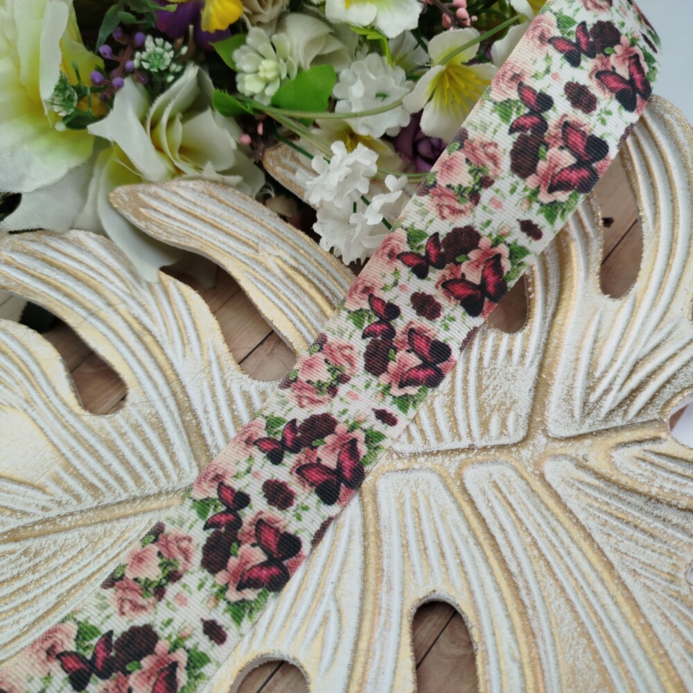 Fita Gorgurão 38mm No 09 Estampa Borboletas e Flores Jardim Enca