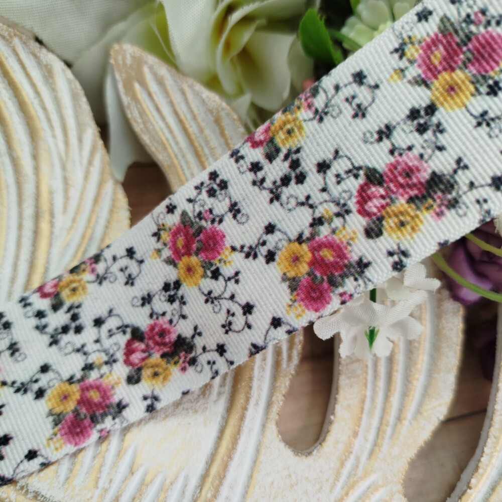 Fita Gorgurão 38mm Estampa Florzinhas Miúdas tons Rosinha e Ama