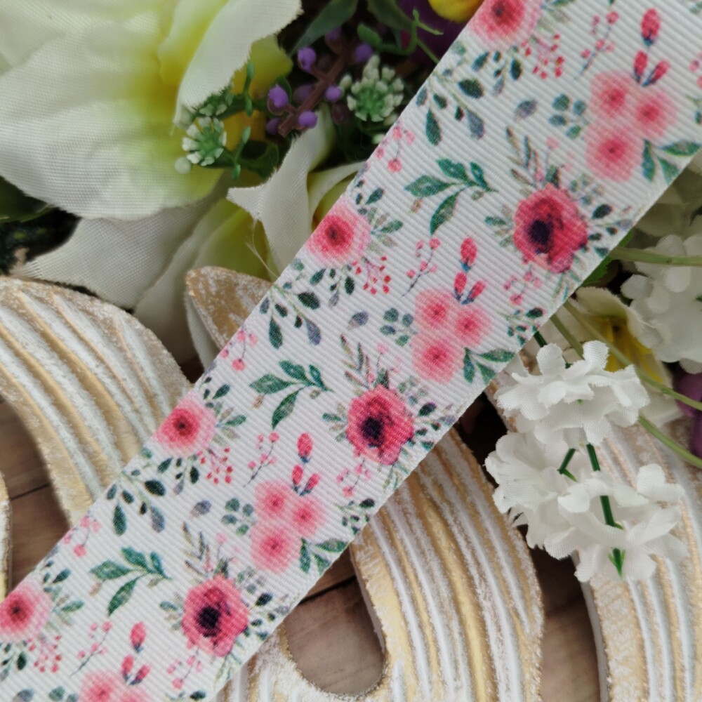 Fita Gorgurão 38mm No 09 Estampa Floral Aquarela Tons Rosa e Pin