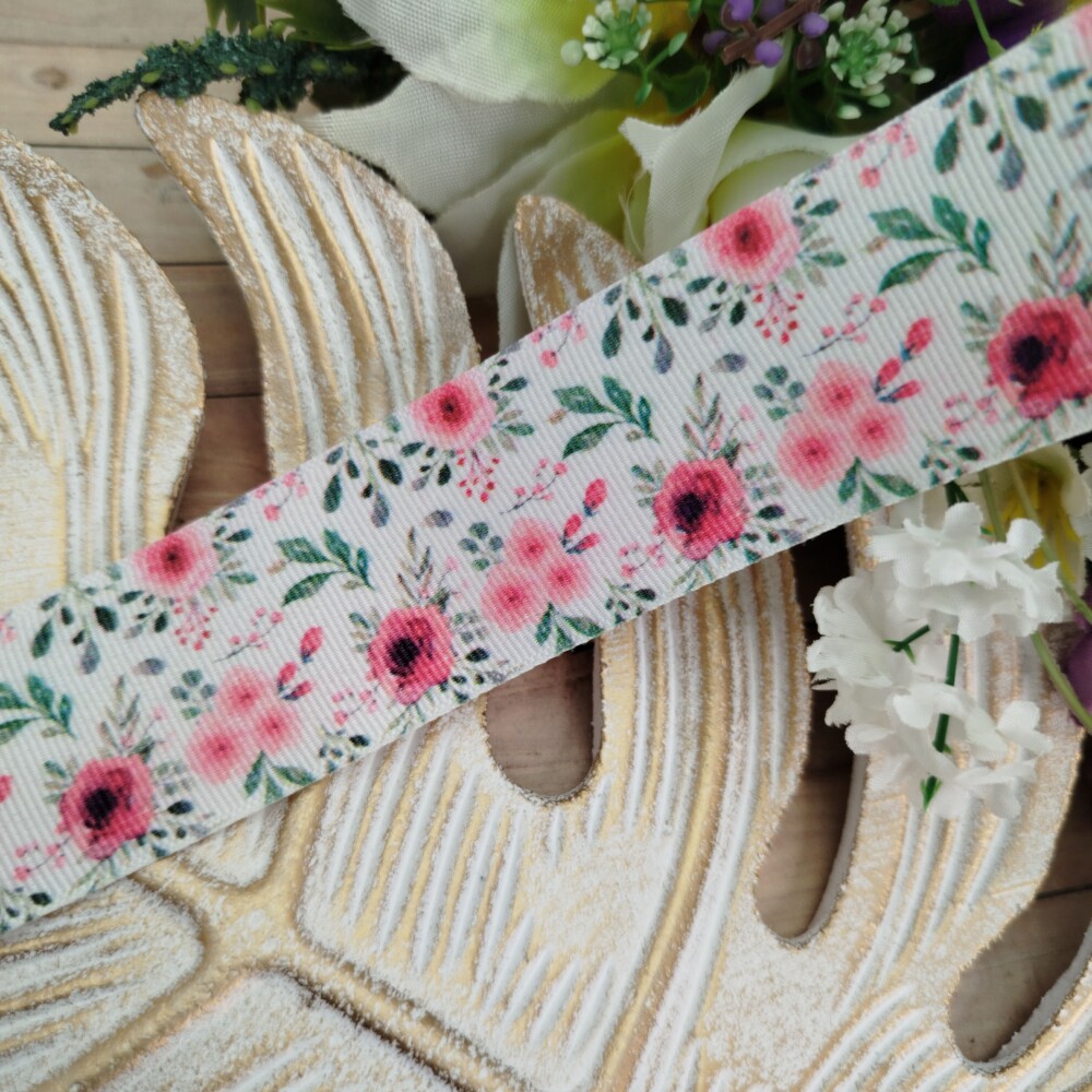 Fita Gorgurão 38mm No 09 Estampa Floral Aquarela Tons Rosa e Pin