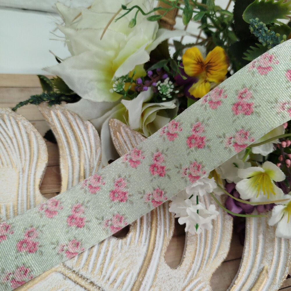 Fita Gorgurão Lurex 38mm No 09 -Estampa Mini Rosas Shabby Chic