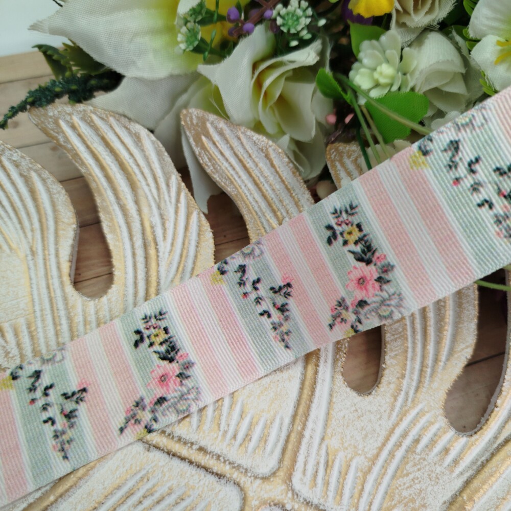 Fita Gorgurão 38mm No 09 Estampa Listras Pastel com Flores Delic