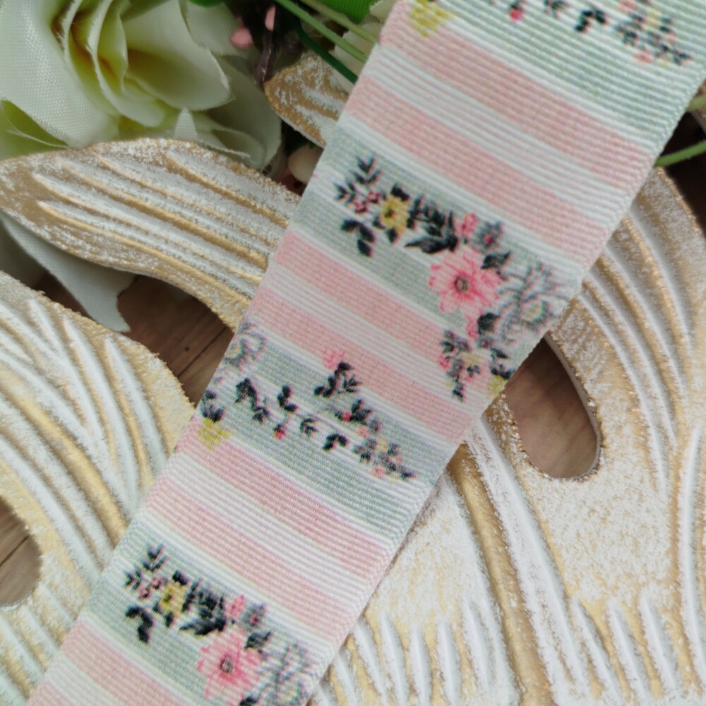 Fita Gorgurão 38mm No 09 Estampa Listras Pastel com Flores Delic