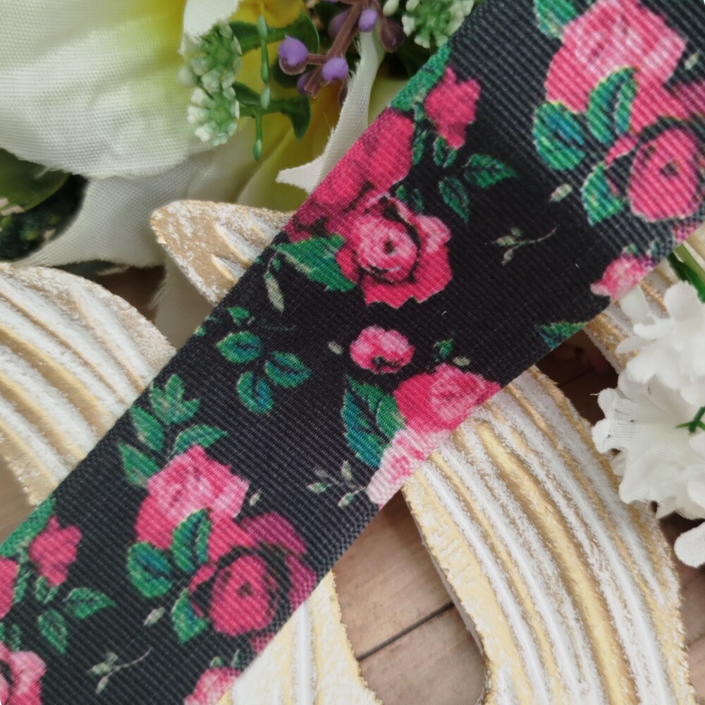 Fita Gorgurão 38mm No 09 Estampa Rosas Pink em Fundo Preto