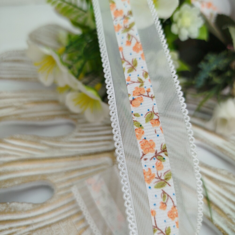 Fita Voil Branca Estampa Florzinhas Laranja  - 3 cm largura - ven