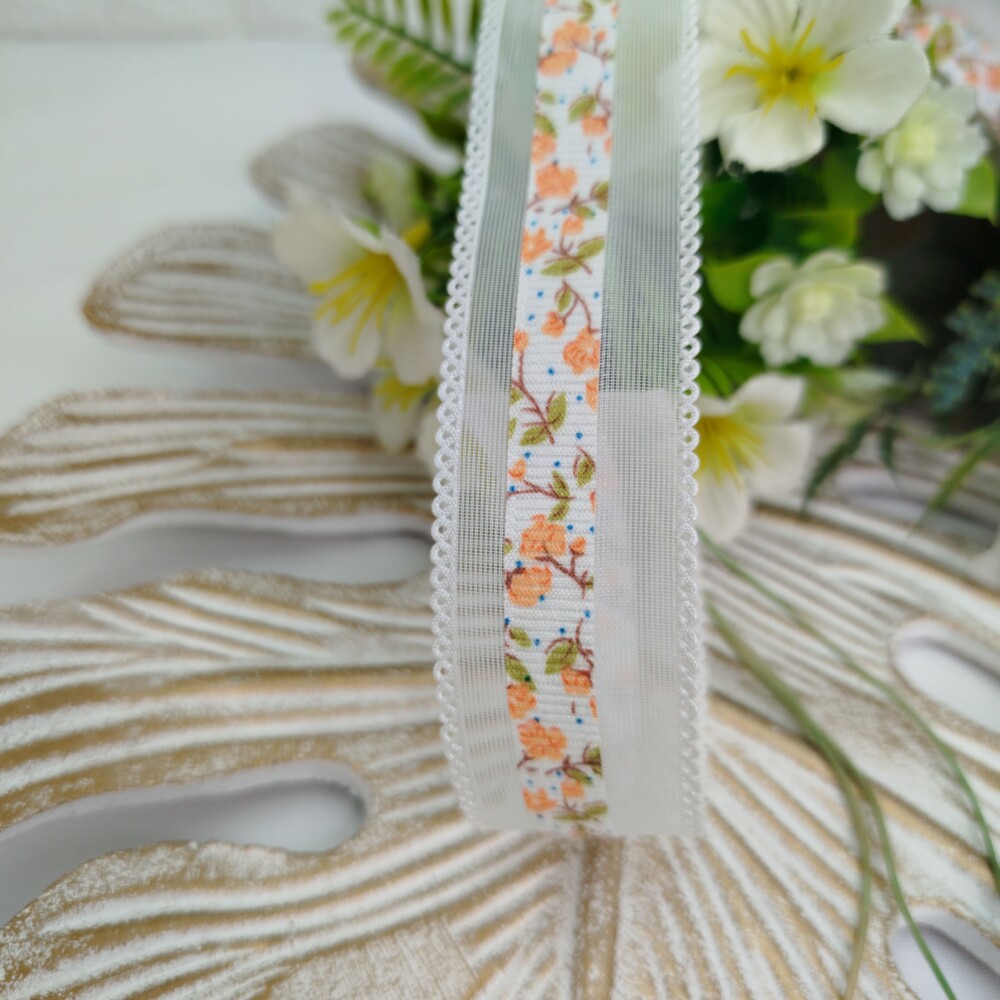 Fita Voil Branca Estampa Florzinhas Laranja  - 3 cm largura - ven