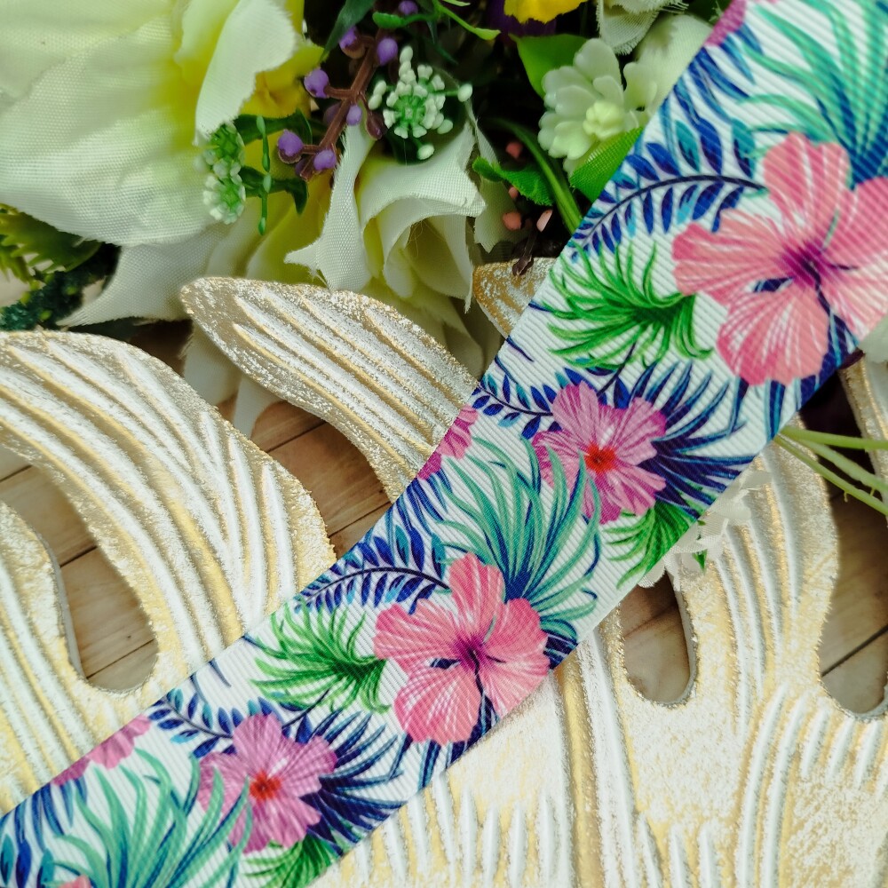Fita Gorgurão 38mm No09 Estampa Tropical Hibiscos com Folhagem