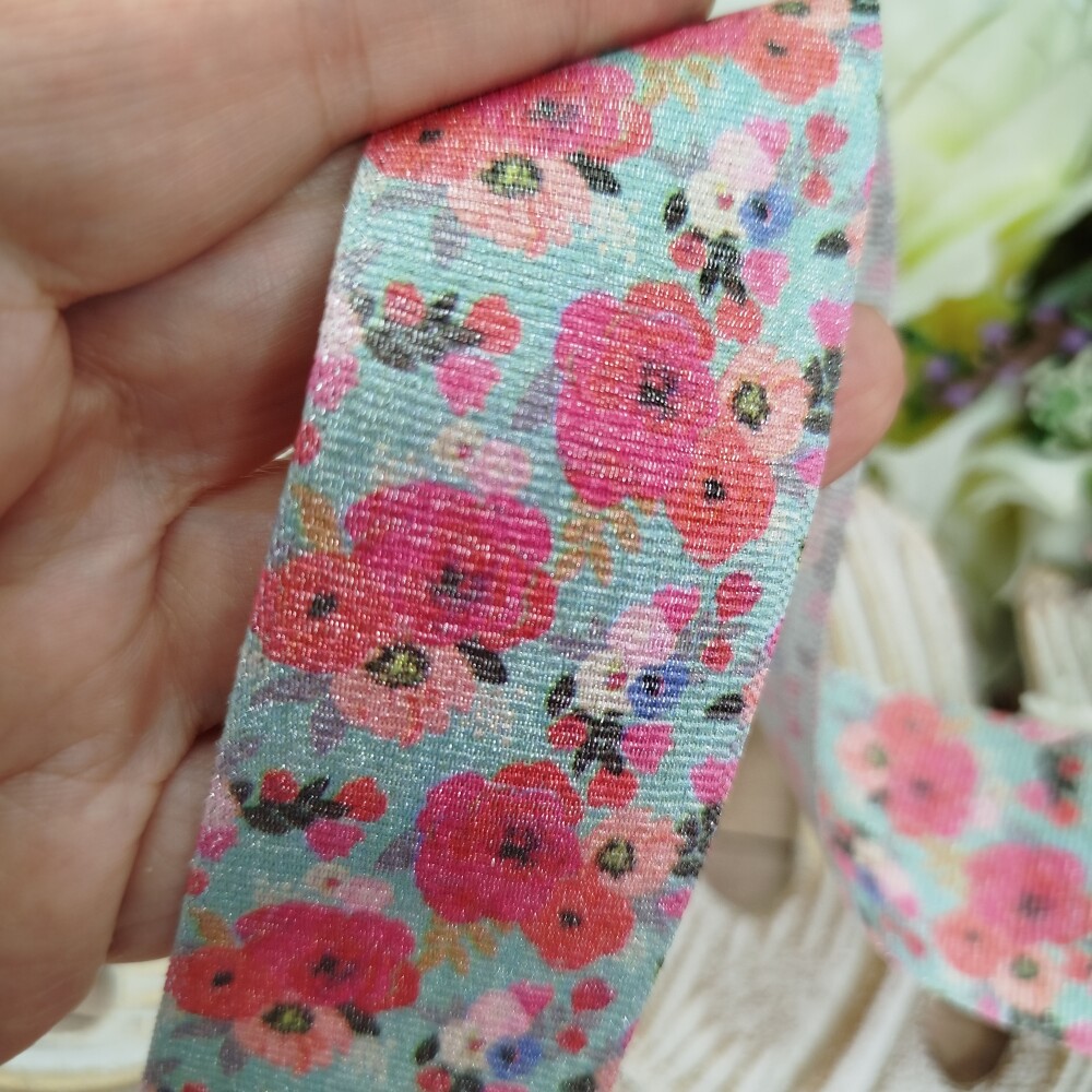 Fita Gorgurão Lurex 38mm No 09 -Estampa Flores Rosa Coral Shabby