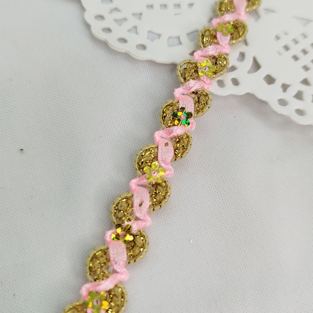 Passamanaria Galão Metalizado Dourado com Rosa | Venda por Metro