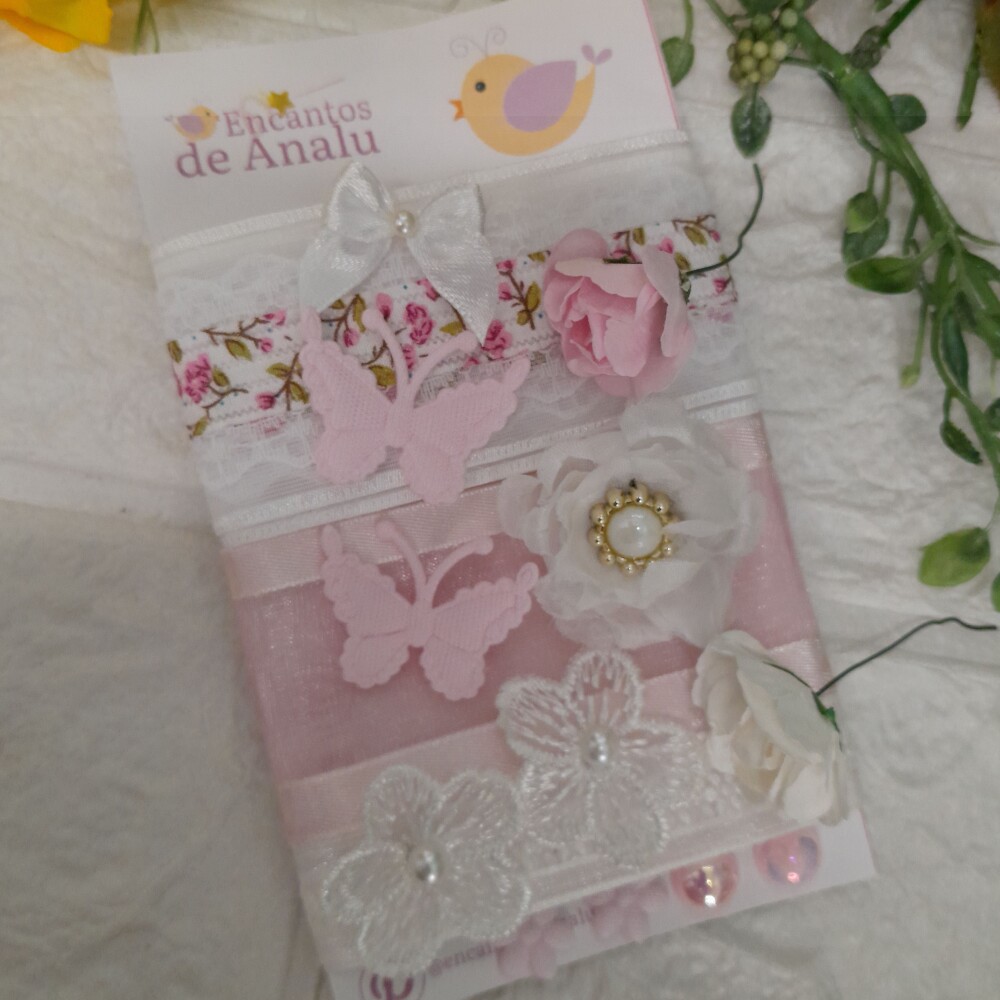 Kit de Fitas e Enfeites Coordenados Rosa Bebe e Branco para Artes