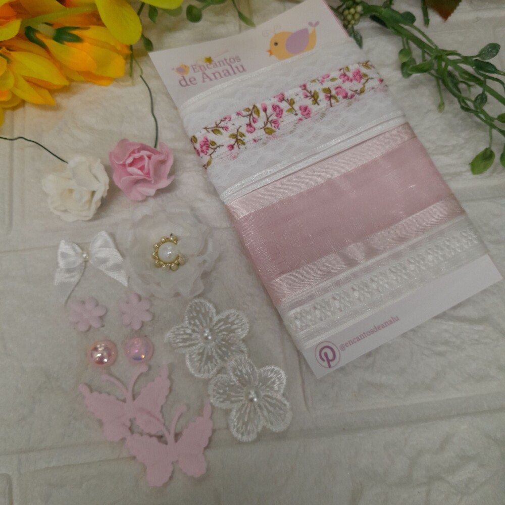 Kit de Fitas e Enfeites Coordenados Rosa Bebe e Branco para Artes