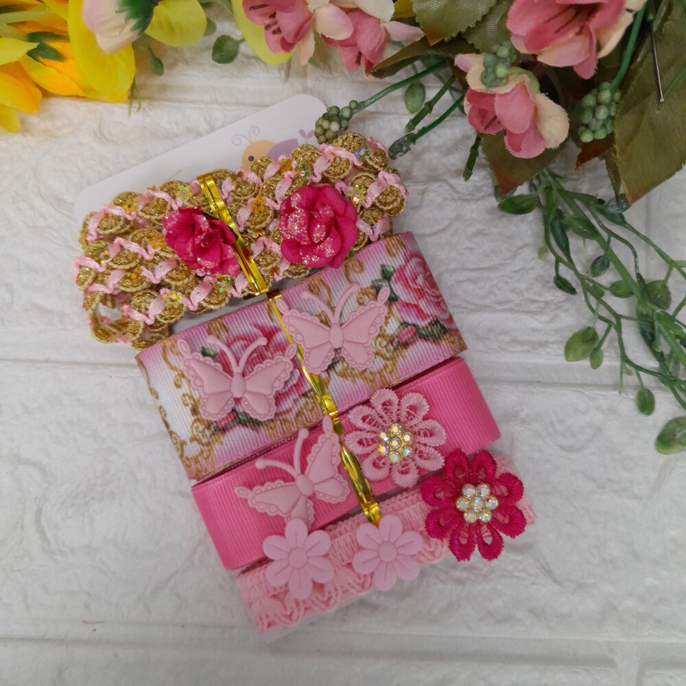 Kit de Fitas Aviamentos e Enfeites Coordenados  Rosa e Dourado