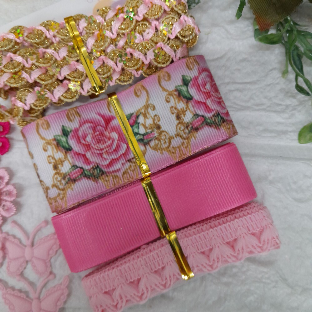 Kit de Fitas Aviamentos e Enfeites Coordenados  Rosa e Dourado