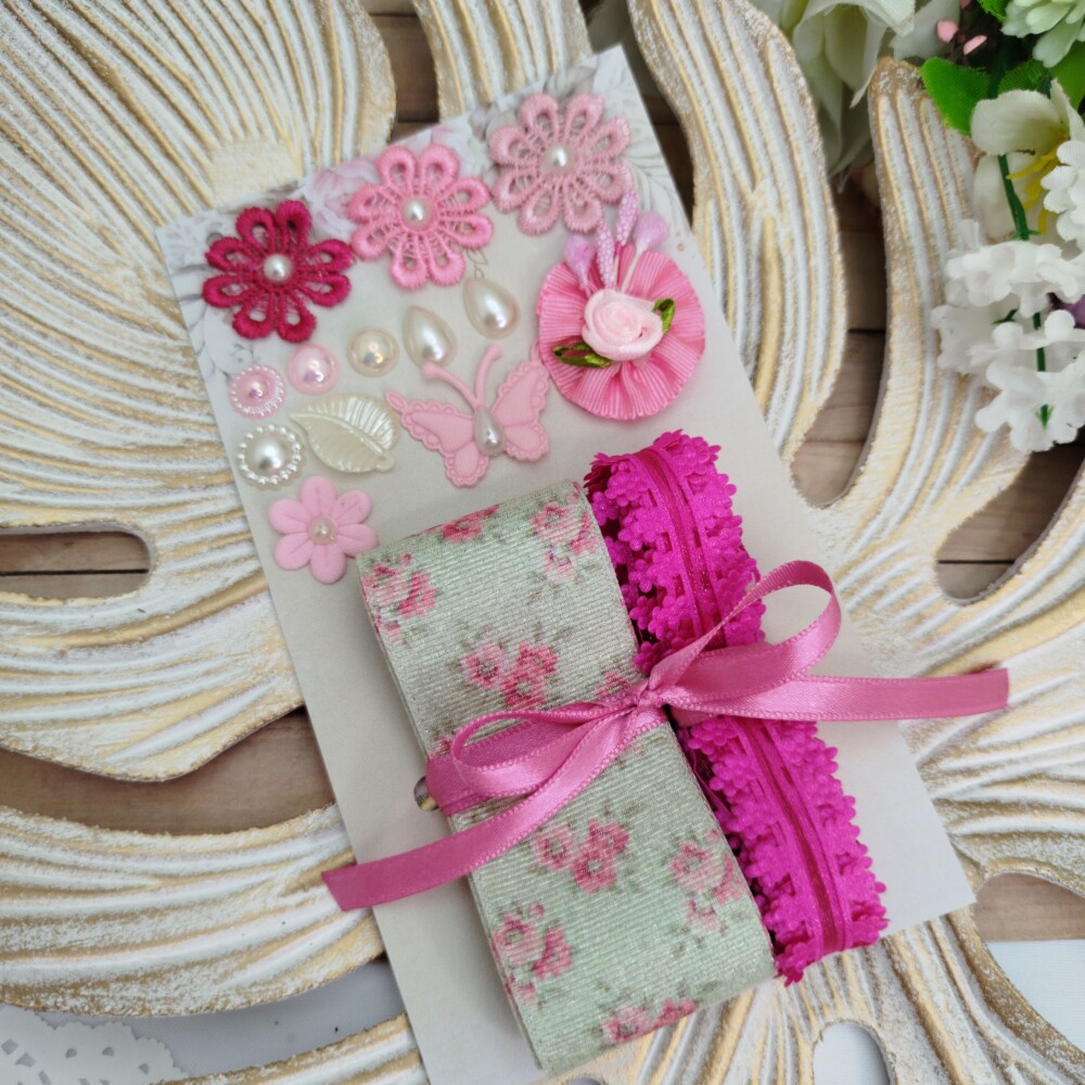 Kit de Fitas e Apliques Coordenados Tons Rosa e Verde