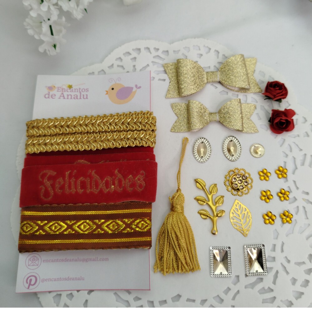 Kit de Fitas  e Enfeites Coordenados Tons Vermelho e Dourado