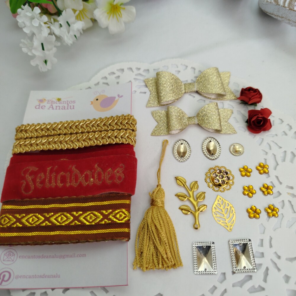 Kit de Fitas  e Enfeites Coordenados Tons Vermelho e Dourado