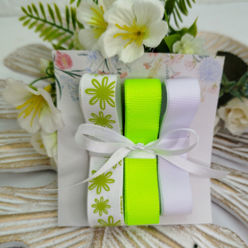 Kit de Fitas Gorgurão Floral Verde Limão e Branco — Estampa M