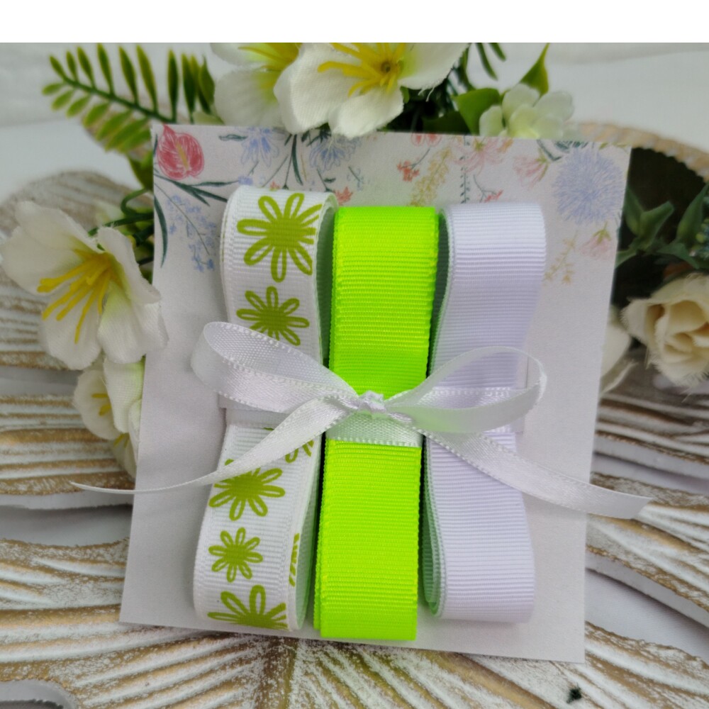 Kit de Fitas Gorgurão Floral Verde Limão e Branco — Estampa M