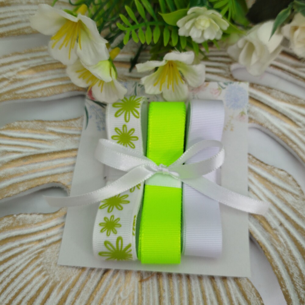 Kit de Fitas Gorgurão Floral Verde Limão e Branco — Estampa M