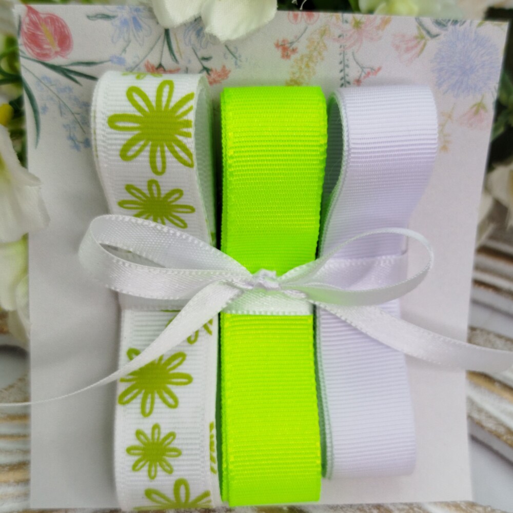 Kit de Fitas Gorgurão Floral Verde Limão e Branco — Estampa M