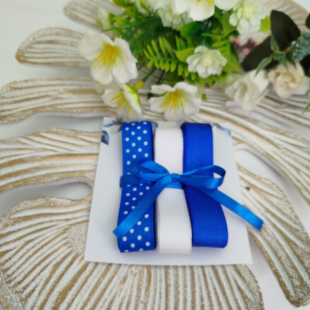 Kit de 3 Fitas Coordenadas Poa Azul Royal e Branco