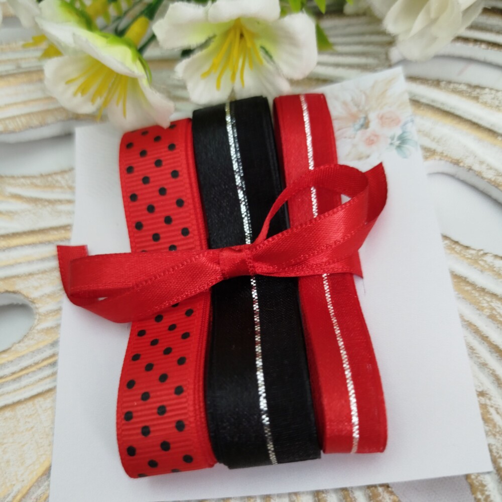 Kit de Fitas Vermelho, Preto e Prata — Poá Joaninha, Cetim com