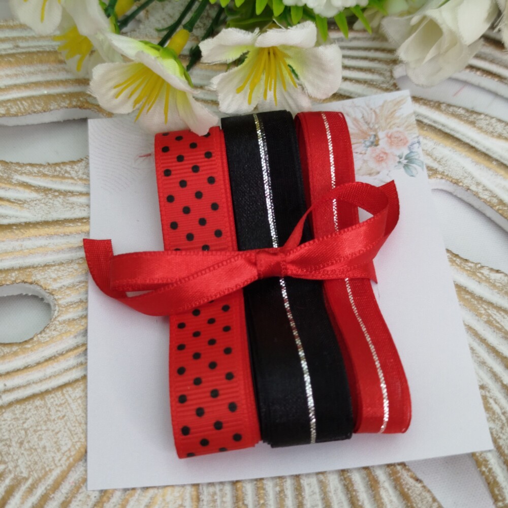 Kit de Fitas Vermelho, Preto e Prata — Poá Joaninha, Cetim com