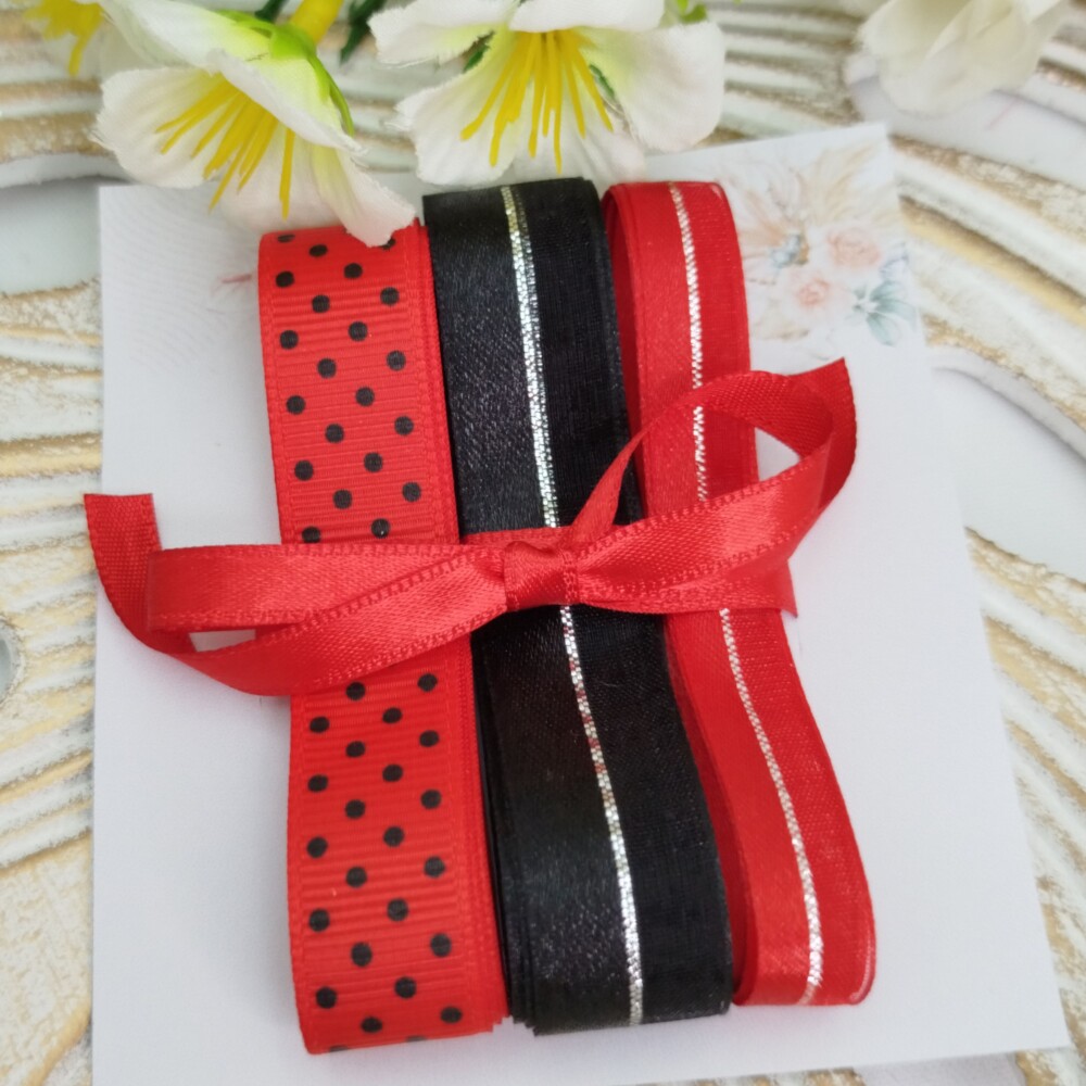 Kit de Fitas Vermelho, Preto e Prata — Poá Joaninha, Cetim com