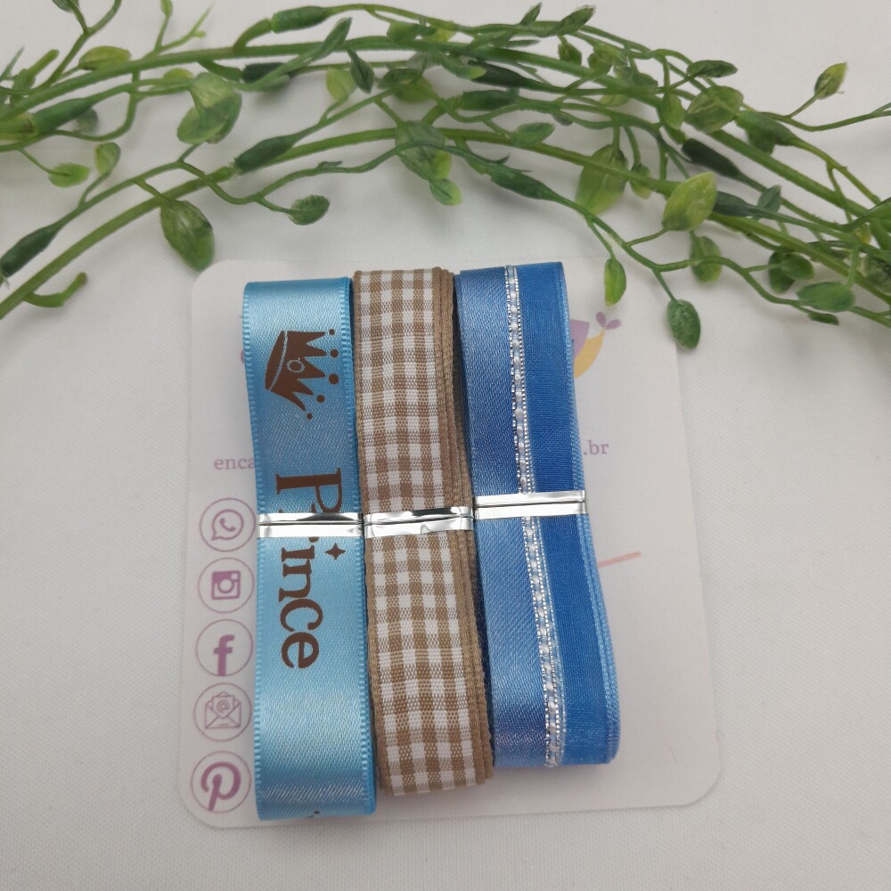 Kit de Fitas de Cetim Prince Azul, Bege e Xadrez Marrom