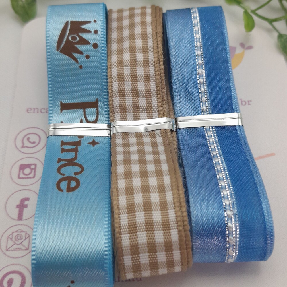 Kit de Fitas de Cetim Prince Azul, Bege e Xadrez Marrom