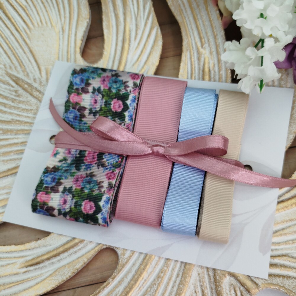 Kit de Fitas Gorgurão Floral Rosa Antigo, Azul Bebê e Bege