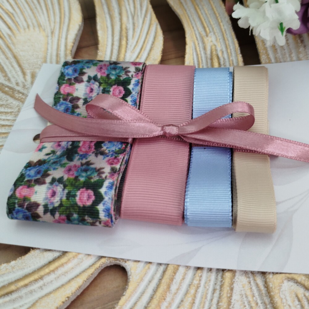 Kit de Fitas Gorgurão Floral Rosa Antigo, Azul Bebê e Bege