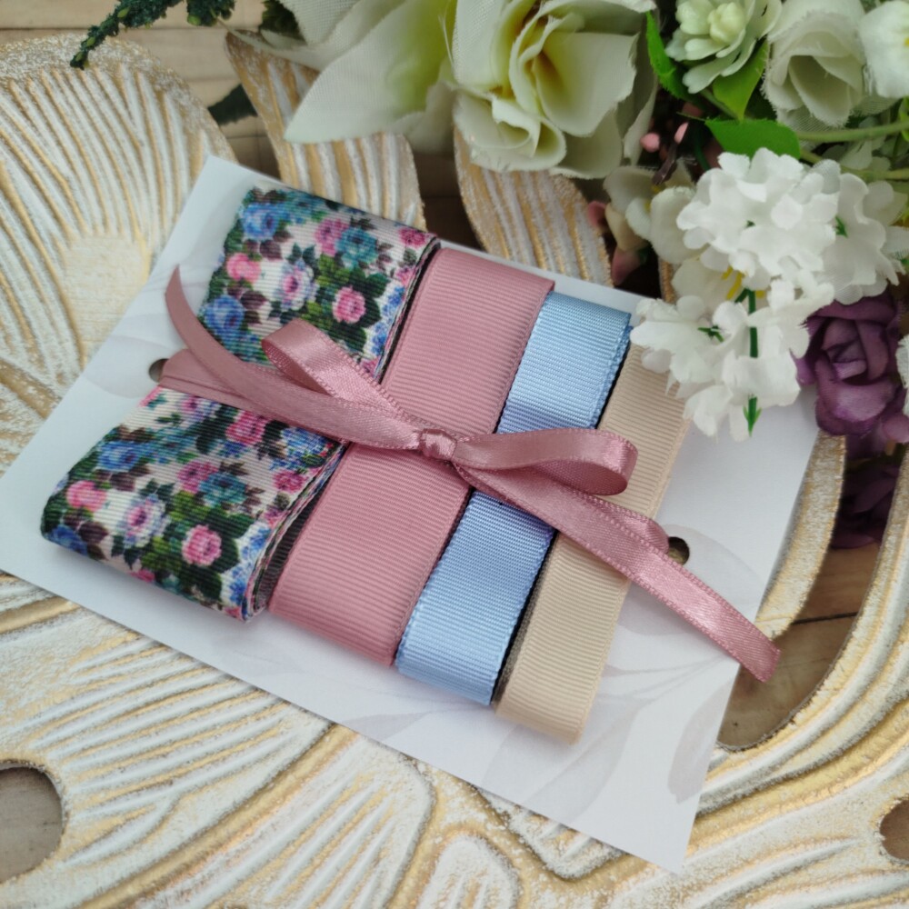 Kit de Fitas Gorgurão Floral Rosa Antigo, Azul Bebê e Bege