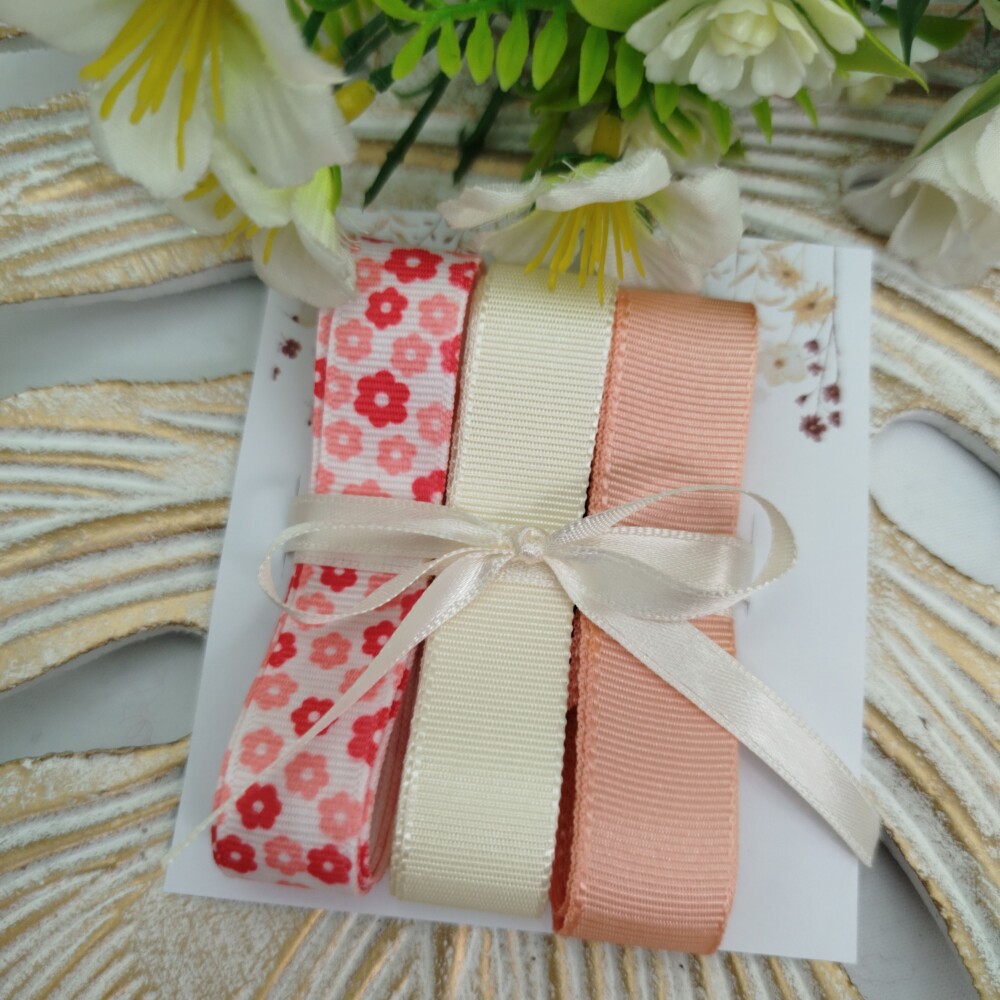 Kit de Fitas Gorgurão Florzinhas Coral, Marfim e Pêssego