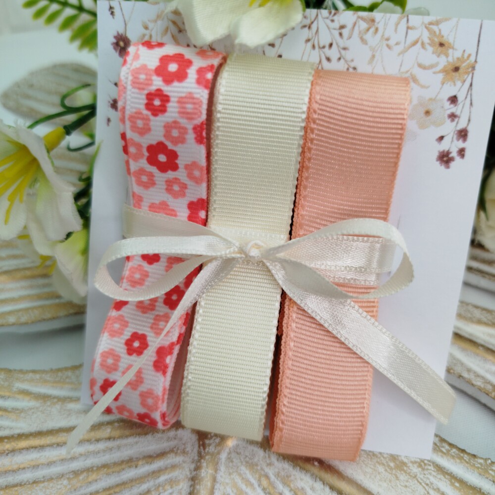Kit de Fitas Gorgurão Florzinhas Coral, Marfim e Pêssego