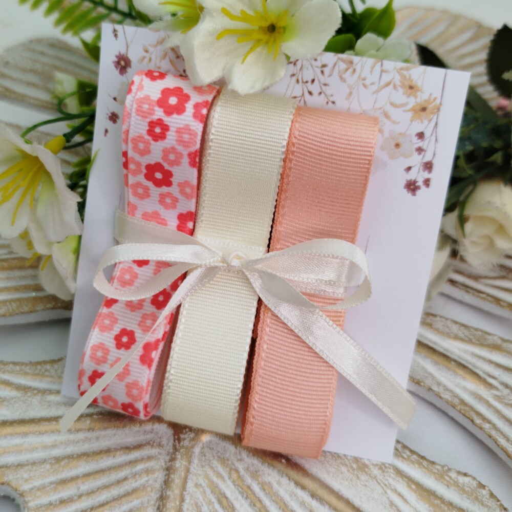 Kit de Fitas Gorgurão Florzinhas Coral, Marfim e Pêssego