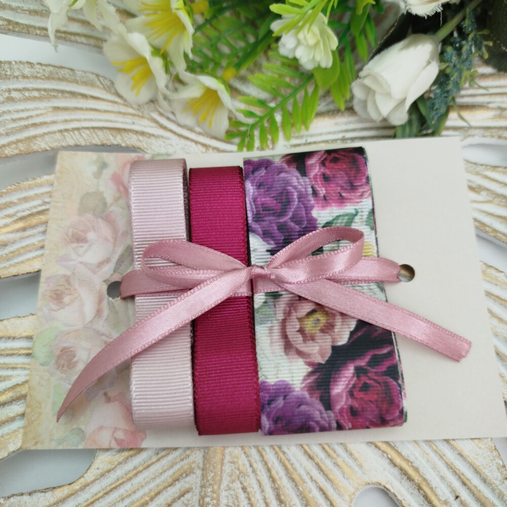 Kit de Fitas Gorgurão Floral Rosas Lilás Framboesa e Rosé