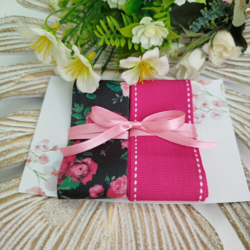 Kit de Fitas Floral Preto e Pink — Gorgurão Estampado e Liso