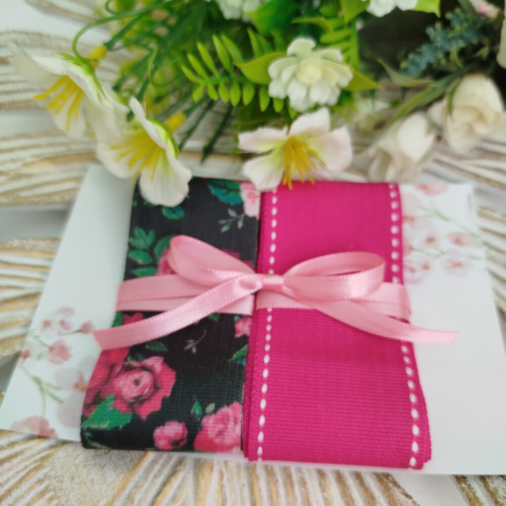 Kit de Fitas Floral Preto e Pink — Gorgurão Estampado e Liso