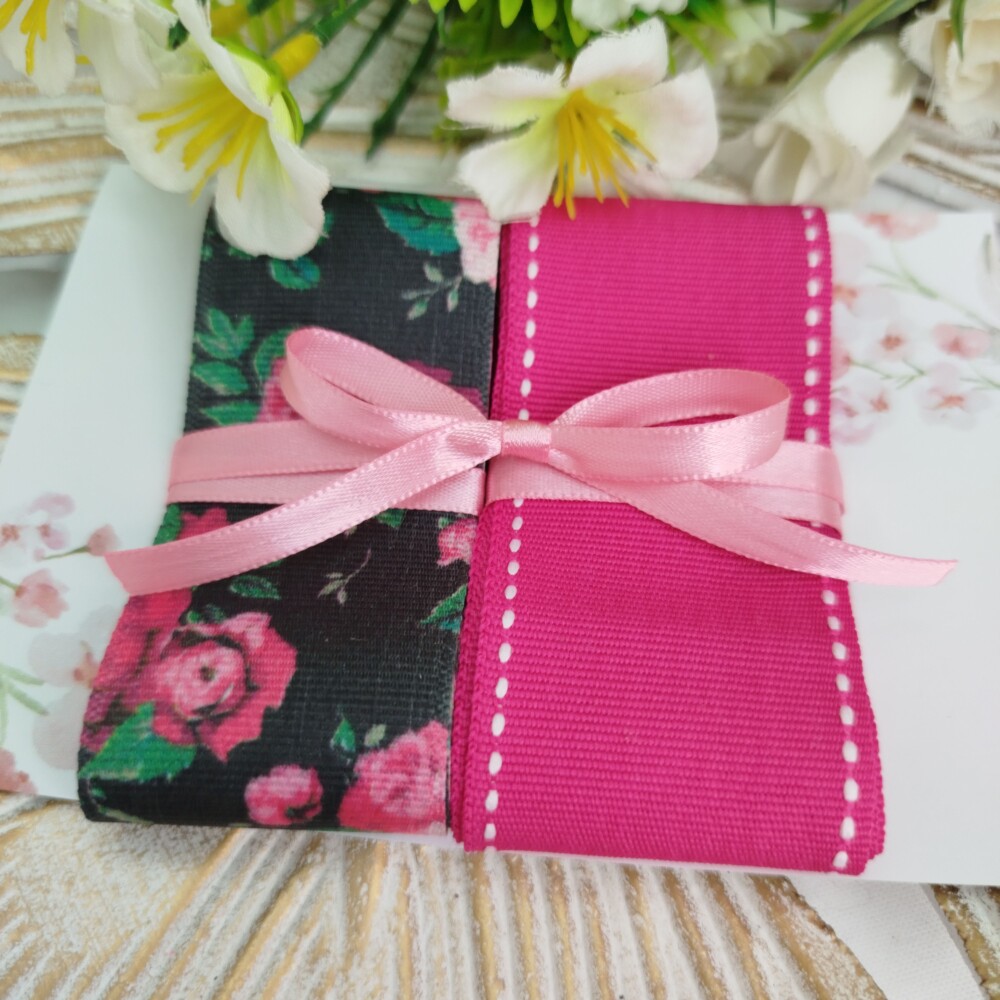 Kit de Fitas Floral Preto e Pink — Gorgurão Estampado e Liso