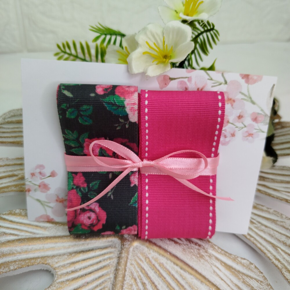 Kit de Fitas Floral Preto e Pink — Gorgurão Estampado e Liso
