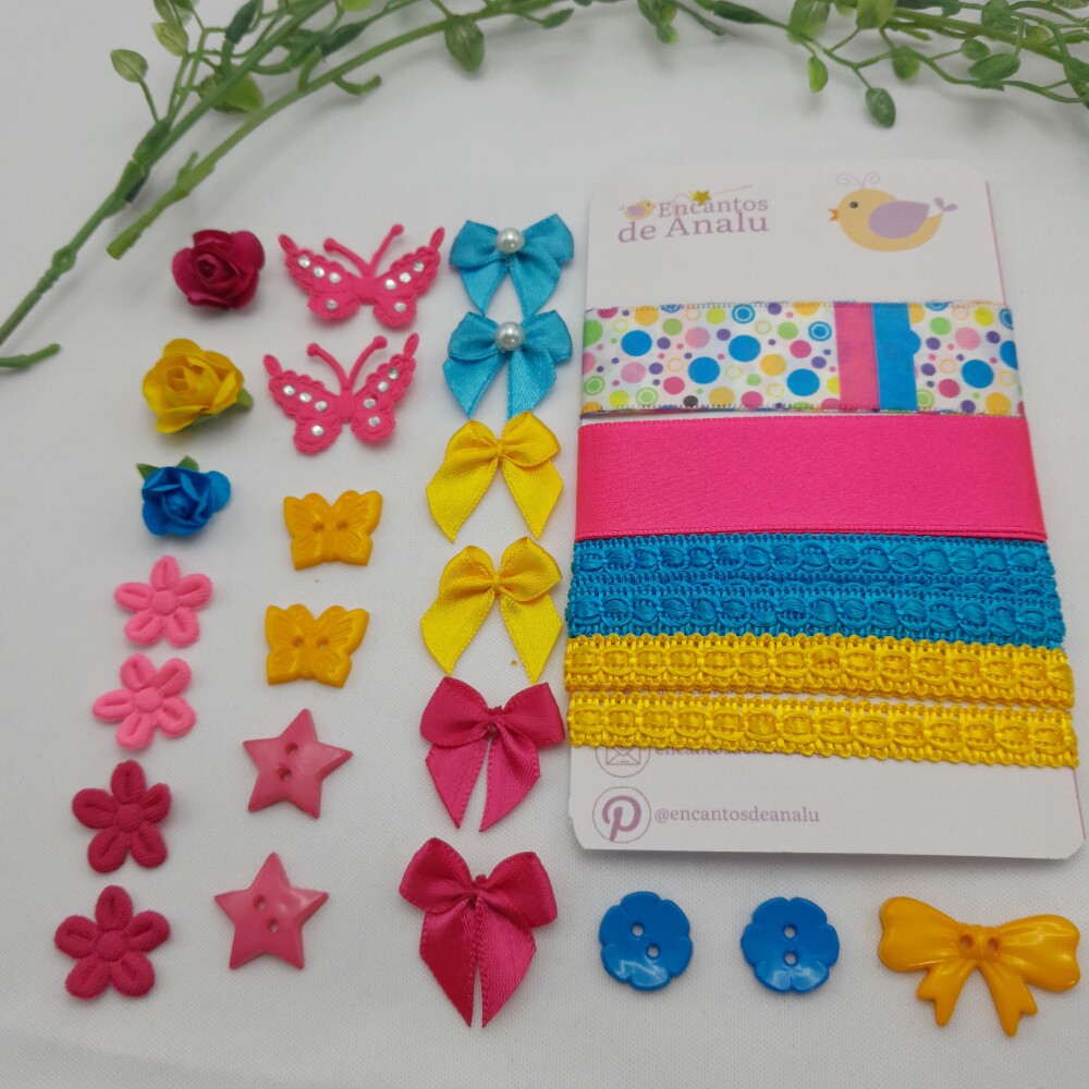 Kit de Fitas e Enfeites Coordenados Tons Rosa Azul e Amarelo