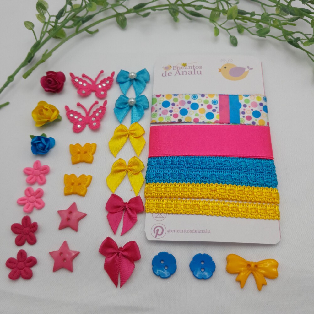 Kit de Fitas e Enfeites Coordenados Tons Rosa Azul e Amarelo