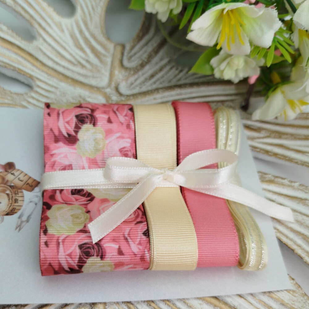 Kit de Fitas Gorgurão Floral Rosas Baunilha e Cor de Rosa