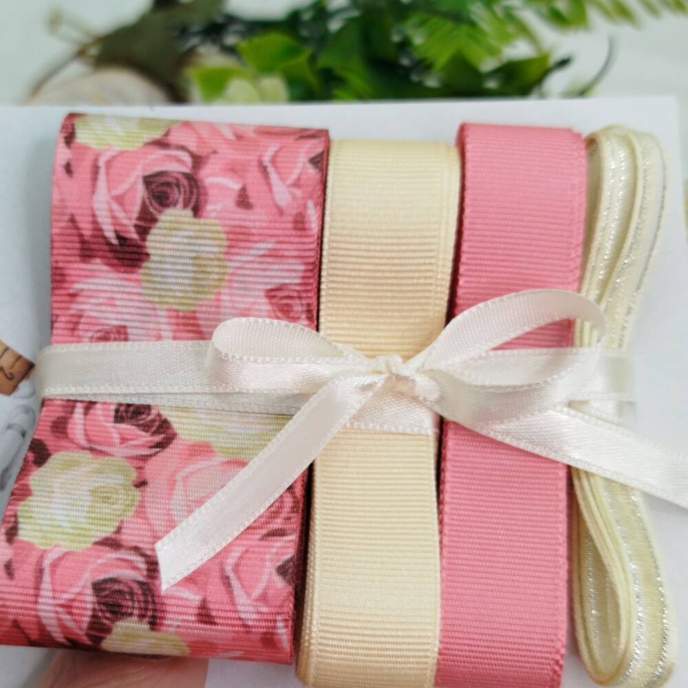 Kit de Fitas Gorgurão Floral Rosas Baunilha e Cor de Rosa