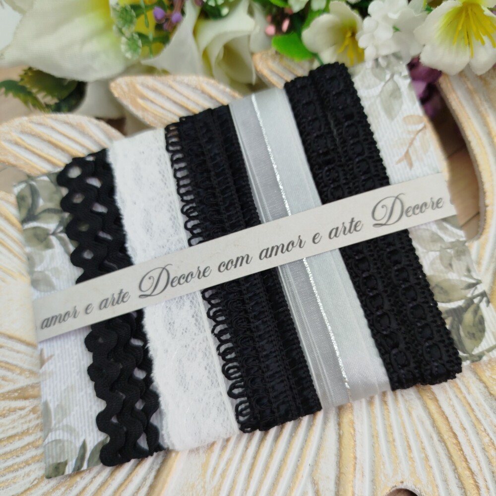 Kit de Aviamentos Preto, Branco e Prata -1 metro de cada