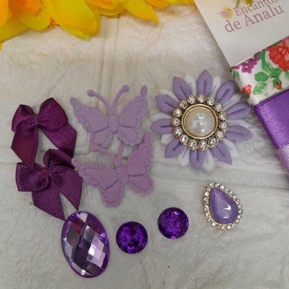Kit de Fitas e Enfeites Coordenados Lilas e Roxo Scrapbook