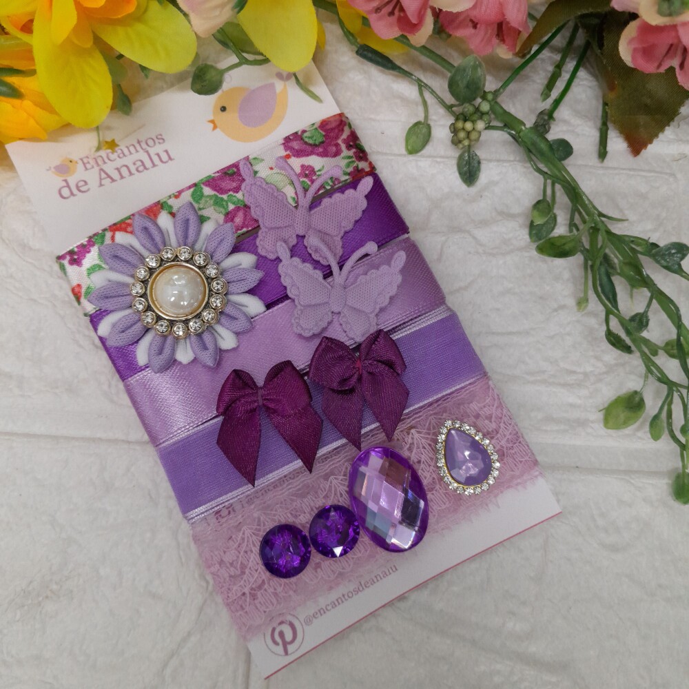 Kit de Fitas e Enfeites Coordenados Lilas e Roxo Scrapbook