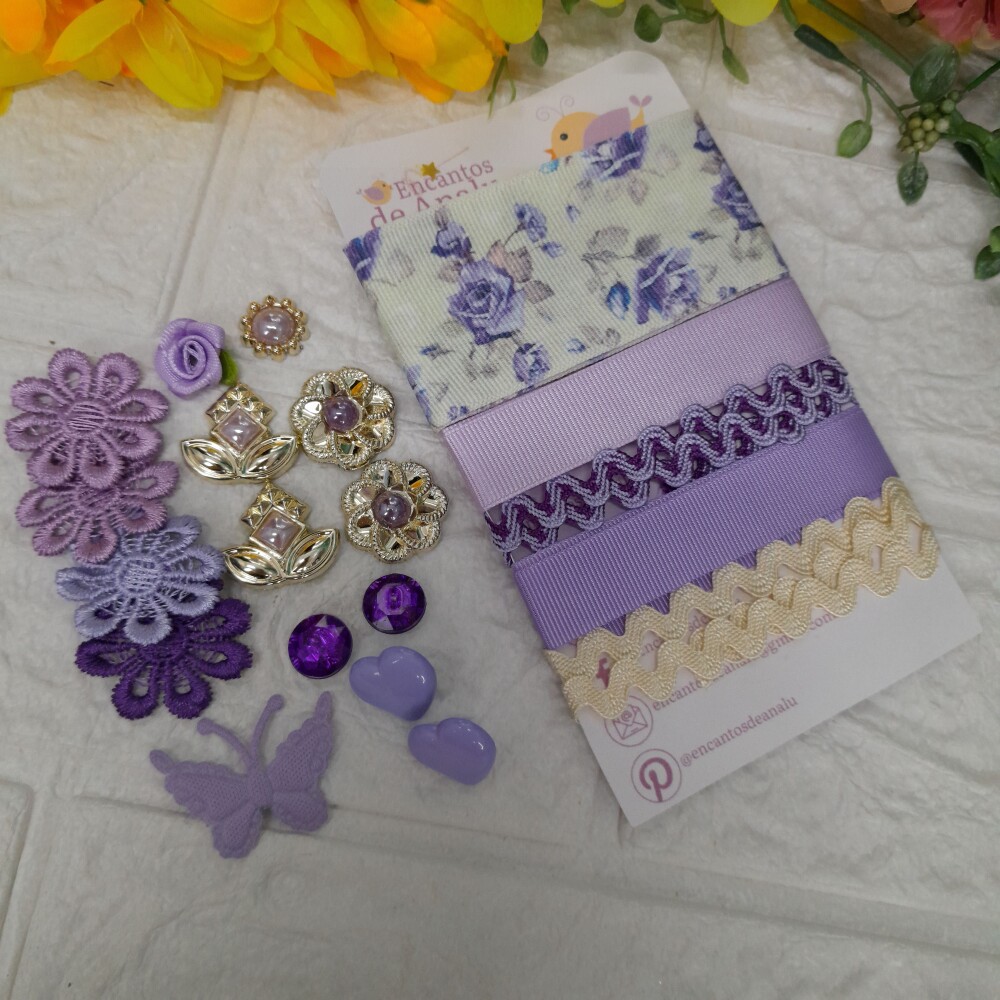 Kit de Fitas e Enfeites Coordenados Lilas Violeta e Roxo Scrap